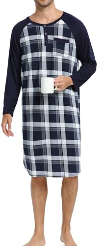 Enjoyoself Chemise de Nuit Homme Hauts de Pyjama Tee-Shirt Longueur Genou Manches Longues Col Rond avec Boutons Vêtements d'Intérieur Douce Confortable Grande Taille M-4XL