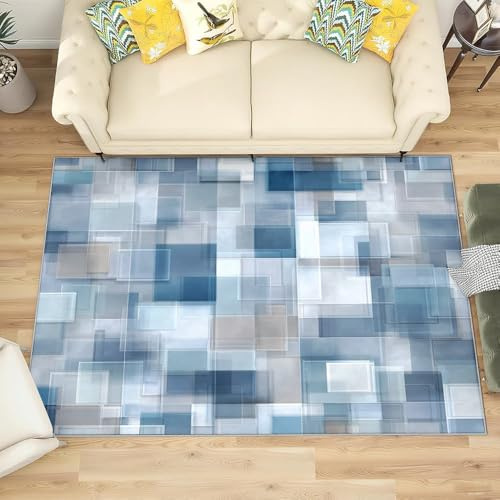 Teppich rutschfeste für Wohnzimmer Kinderzimmer, Moderne Abstrakte Geometrische Dekorteppich für Spielzimmer Esszimmer - Hellblau Kurzflor Flanell Teppiche Pflegeleicht Waschbare 60x90 cm