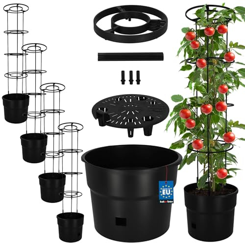 KOTARBAU® Tomatentopf mit Rankhilfe & Wasserspeicher ⌀ 35 cm, Tomatenturm | 4er Set Pflanztopf + Rankhilfe für Tomaten & Gurken, 128 cm hoch, Rankturm, Anzuchttopf aus Kunststoff, Anthrazit