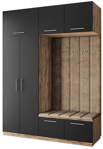 Masseno Flugarderoben Set Rema, Kleiderschrank-Set mit Sitzbank, Garderobenschrank Flur mit 5 Regalböden, Eiche Lefkas/Schwarz