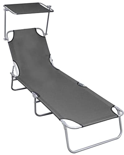 Tmriohed Lettino prendisole con tettuccio parasole, pieghevole, in alluminio, grigio, da giardino, da spiaggia, pieghevole, a tre gambe, per giardino, piscina, terrazza e spiaggia, 188,5 x 57,5 x 27