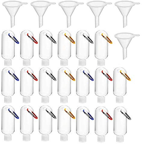 Refillable Hand Sanitiser Bottle with Clip and Funnels, 6Pcs 50ml Empty Plastic Bottles, Travel Bottles for Liquids with Keyring, Travel Bottle Containers for Cosmetics Outdoor Camping