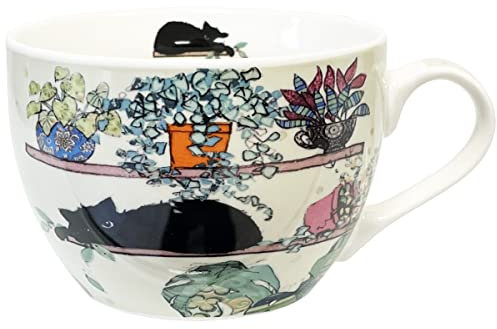 KIUB - Bol chat avec une anse - Motif chat dormant sur une étagère avec des plantes - matière porcelaine fine - contenance 500ML