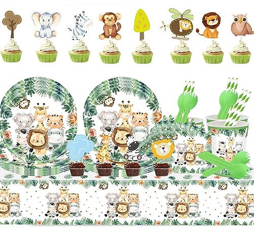 113 Stück Dschungel Safari Geburtstagsdeko Partygeschirr Set für 20 Gäste,Dschungel Geburtstag Dekoration,Wild One Partygeschirr Set Sicherheitsmaterial Babyparty Deko Junge Geburtstagsfeier