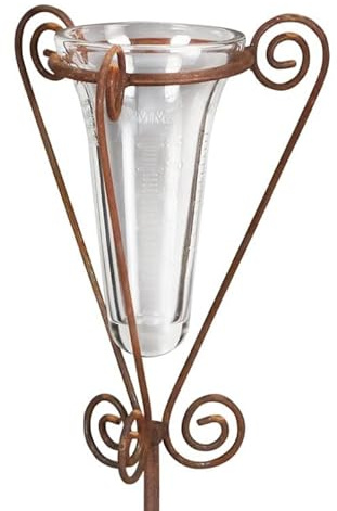 Hirsch Terracotta Regenmesser mit Glas Höhe 125 cm für den Gartenliebhaber incl. Universalstab filigran, Metallstab, stabil robust freistehend