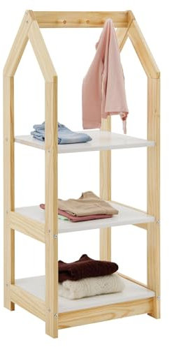 IDIMEX Kinder Regal Sally Hausform, Natur/weiß - Montessori Kinderregal mit 3 Ablageböden, praktische Haken zur Organisation. Regale Kinderzimmer, Kindermöbel, Kindergarderobe