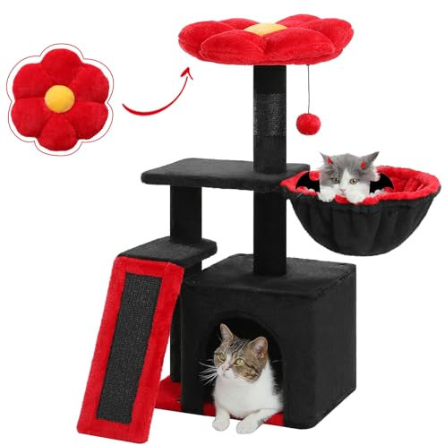 PETEPELA Gothic Cat Tree for Indoor Cats, 31.5'' Small Flower Cat Tower Cat Condo with Sisal Scratching Ramp, Cozy Hammock and Removable Flower Cat Bed Perch for Kittens, Black