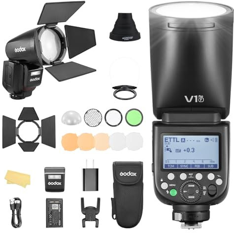 Godox V1PRO-F V1Pro F Round Head Camera Flash Flash Camera Flash with AK-R1 TTL Speedlite 2.4G Wireless TTL Speedlight Strobe,76Ws HSS 1/8000s with Li-ion Battery for Fuji Cameras