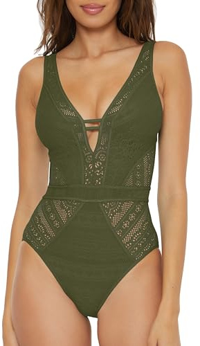Becca Women's Standard Color Play One Piece Swimsuit, Plunge Neck, Crochet, Bathing Suits, Cactus, Large