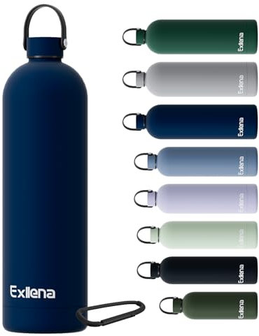 Exllena Gourde Isotherme 1.5l avec Poignée Pratique - Bouteille Isotherme avec 24 Heures de Conservation au 24h Froid/12h Chaud, Revêtement Anti-Dérapant - Étanche Sans BPA (Bleu Foncé)
