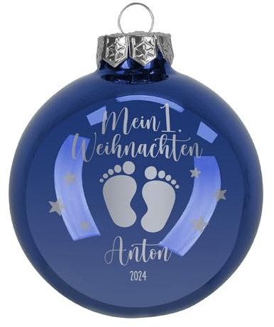 Weihnachtskugel mit Gravur (Blau Glänzend, 1. Weihnachten)
