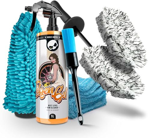 Nuke Guys Felgen Reinigungsset | Felgenreiniger 1l mit Wirkindikator + Mikrofaser Felgenbürste + Ersatzbezug + Felgenpinsel + Felgenhandschuh + Trockentuch | Auto Felgen Reinigung Set