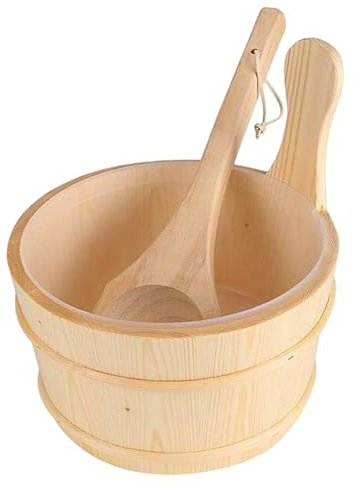 Sauna Bucket and Ladle, Large Capacity Wooden Sauna Water Bucket with Plastic Liner, Bathing Accessories Supplies for Home Hotel Steaming Room and Ladle Set Wooden