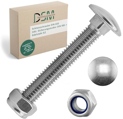 DSM – Tornillos M8 x 70 mm según DIN 603 – Tuerca de seguridad M8 DIN 985 – Acero inoxidable A2/V2A – Tornillos de cabeza redonda plana con cuello cuadrado – Tuercas autobloqueantes con pieza de