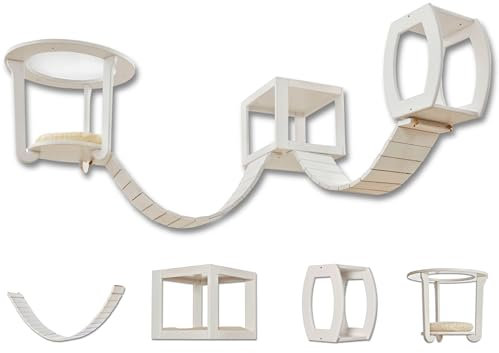 Ceiling Mounted Wooden Cat Tree Tower with Bridges, Cushioned Bed, 5-Piece Set - Indoor Cats Climbing Frame, Modular Space Saving Cat Shelves & Play Furniture Set for Agile Pets - White Wood