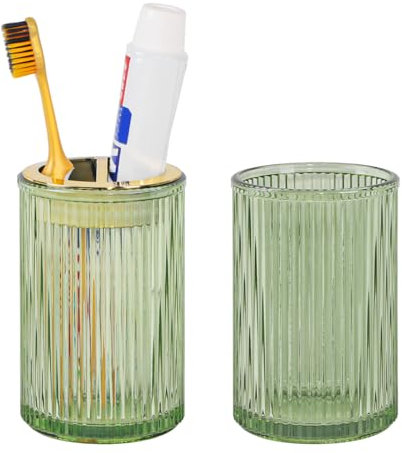 Tonxus Toothbrush Holders for Bathrooms, 2pcs Glass Toothbrush Holder, 12oz Bathroom Tumbler and Mouthwash Cup, Tooth Brush and Toothpaste Organizer for Bathroom Vanity Countertop (Green Gold)