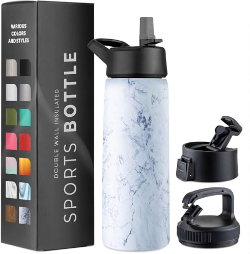 Triple Walled, Insulated Water Bottles with Straw Lid/Flip Top Lid/Wide Mouth Cap - Stainless Steel Metal Bottle for Travel, School, Sports, Gym (Fresh White Marble, 750 ml)
