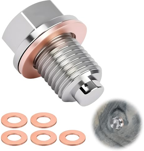 ACKKOR Magnetic Oil Drain Plug, Universal Stainless Steel Sump Drain Nut Bolt with 5 Copper Crush Washers Replacement Oil Plug for Most Car Model Motorcycle Engine(M14x1.5)
