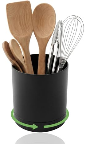 MDPUTY Küchenutensilienhalter, Utensilienhalter Küche Aufbewahrung Schwarz 16.5 × 14.5cm Küchenutensilien 360° Drehbarer Anti Rutsch Utensilienhalter Organizer Runde Besteckhalter
