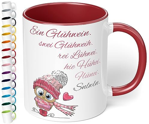 Weihnachtstasse „Ein Glühwein swei Glühweih Rei Lühwei“ - Eule - 330ml Keramik Kaffeebecher mit Spruch - Geschenk Weihnachten (Bordeaux)