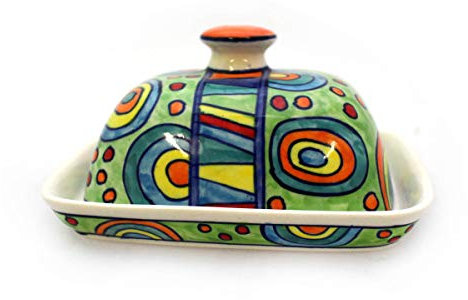 Beurrier avec couvercle en céramique multicolore peint à la main (vert Ronda)