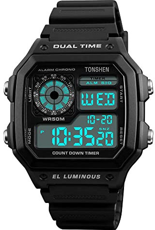 TONSHEN Herrenuhr 50M Wasserdicht Sportuhr LED Elektronik Digitaluhr Outdoor Militär Multifunktional Plastik Uhren und Kautschuk Band Armbanduhr (Schwarz)