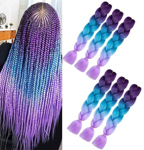 Treccine Extension Kanekalon Capelli per Treccine Africane 6 Pc Ombre Purple Jumbo Treccia extension per treccine africane Per Intrecciare I Capelli viola/blu/viola
