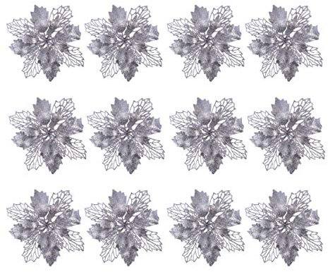 TOYANDONA 12pcs Glitter Poinsettia Christmas Artificial Flowers Christmas Tree Floral Ornaments Decorations Xmas Tree Pendant Christmas Wreath Filler (Silver)