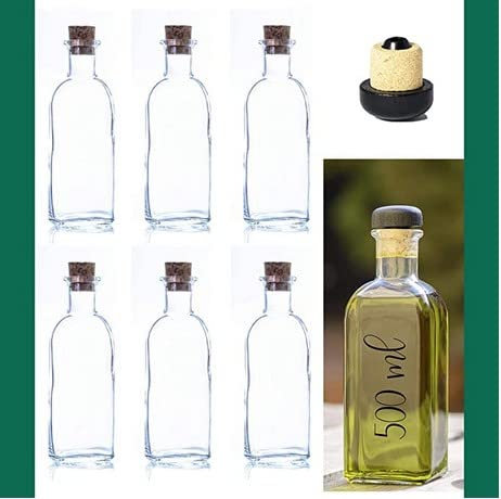 6 Botellas frasca vidrio vacías de 500ml tapón corchoBotella para Vino, Licor, Aceite, vinagre 0,5 litros, Botella con caja con separadores- REGALO 1 TAPÓN DE CORCHO CON VERTEDOR Y CABEZA DE MADERA