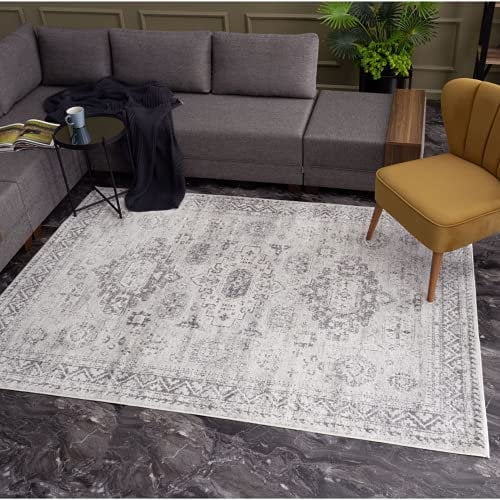 THE RUGS AREA RUG LIVING ROOM BEDROOM LARGE SMALL VINTAGE SOFT SHORT PILE BORDERED CLASSIC ORIENTAL DESIGN TRADITIONAL PERSIAN MOROCCAN BOHO CARPET- LARGE 160X230 CM, GREY NOMAD DESIGN