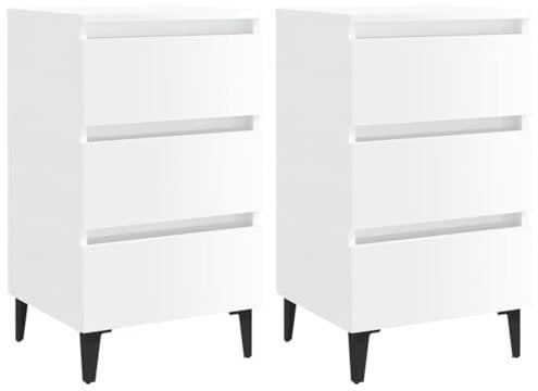vidaXL 2X Nachttisch mit Metallbeinen 3 Schubladen Nachtschrank Nachtkonsole Nachtkommode Schlafzimmer Schrank Kommode Hochglanz-Weiß 40x35x69cm