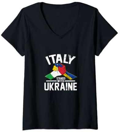 Donna Italia sta con Ucraina Ucraina Bandiera Italiana Tees Maglietta con Collo a V