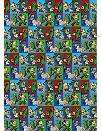Offizielles Minecraft Geschenkpapier, 2 Bögen, 2 Etiketten, Geschenkpapier für Geschenke, offiziell lizenziertes Geschenkpapier