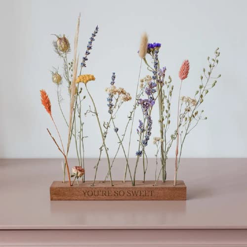 Flores secas con Soporte de Madera Personalizable - Jarrón Decorativo con 3 Vasos de Cristal y Flores secas Naturales (Soporte de Madera con Agujeros)