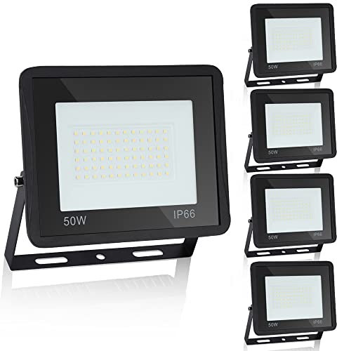Ikodm Projecteur extérieur LED, d'éclairage extérieur 5x 50W, étanche IP66, projecteur de projecteur extérieur blanc chaud 8500LM super lumineux 3000K pour terrain de sport de garage de jardin