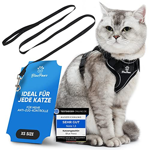 Blue Pawz Katzengeschirr mit Leine - 170cm | Katzengeschirr ausbruchsicher & hochwertig | Katzenleine mit Geschirr für Katzen | Katzen Geschirr für unvergessliche Momente (XS), Schwarz