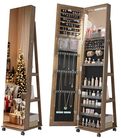 Lvifur 6LEDS Schmuckschrank mit Ganzkörperspiege,360°drehbar Spiegelschrank mit 4 Räder,abschließbar Standspiegel Schmuckorganizer mit großer Stauraum Geeignet für Schlafzimmer Wohnzimmer