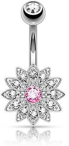 Piercing Nombril Ventre Boule Fleur Cristal Bijoux Acier Chirurgical Inoxydable Anti Allergique Banane Barbell LOUISA Rose LOVEPIERCING