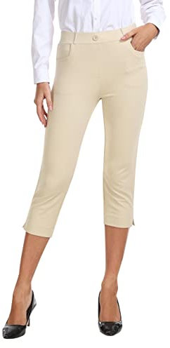 AjezMax Golfhose für Damen Capri Dehnbar Schmal Arbeitshose Bürohose Lässige Businesshose Atmungsaktiv Yogahosen mit Taschen Khaki L