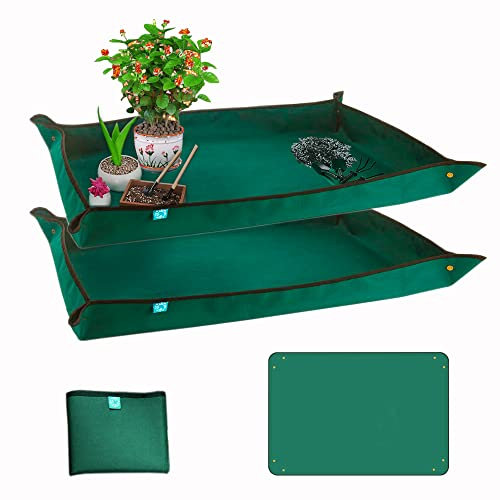 BIUWING Planter Tray, 2PCS Thickened Oxford Fabric Portable Indoor Plant Repotting Mat, Extra Large 43''*29'', Waterproof, Foldable, Blackish Green