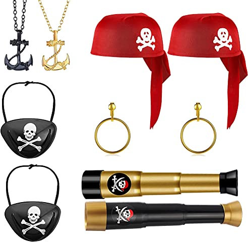 SIEBOLD 10 Stück Piratenkostüm Zubehör Set,Mit Piraten Augenmaske,Fernrohr,Halskette,Kopftuch,Ohrringe,Dekoration Zubehör für Kinderspielzeug Piratenkostüm Cosplay Party Dekoration