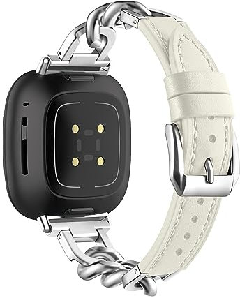 Lederarmband Mit Metall Ketten für Fitbit Versa 4/Versa 3/Sense/Sense 2 Armband Damen Fitbit Versa 4/3 Edelstahl Ersatzarmband Kompatibel mit Fitbit Versa 4/Versa 3/Sense/Sense 2 Uhrenarmband (5)