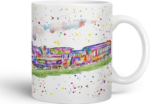 Vixar Steam Train Watercolour Art Coloured 330 ml Mug Cup Gift Birthday Work Office Tea Coffee (White)