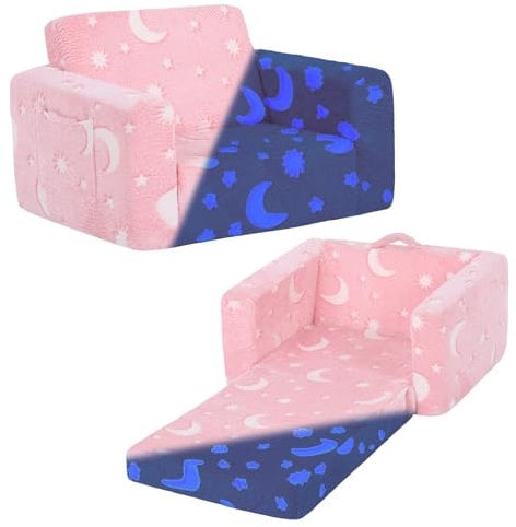 Welnow 2-in-1-Kinder-Sofa-Stuhl, leuchtet im Dunkeln, umwandelbarer Kleinkindstuhl, ausklappbarer Kinder-Sofa, zusammenklappbar, Kinderspielsofa mit abnehmbarem Bezug