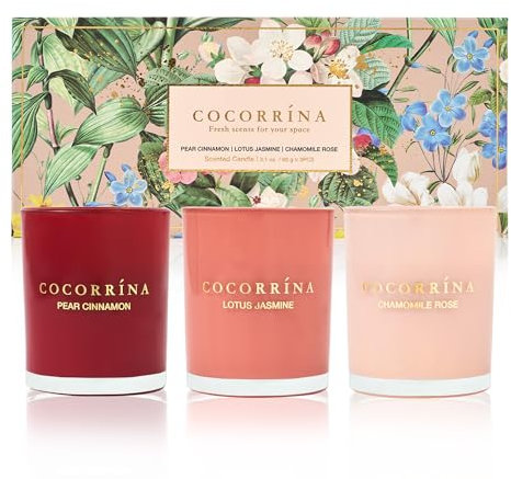 Cocorrína Duftkerzen Geschenkset - 3 x 88g Kerze im Glas SojaWachs Kerze für Muttertag, Weihnachten, Geburtstag, Aromatherapie, Bad, Yoga(Birne Zimt/Lotus Jasmin/Kamille Rose)