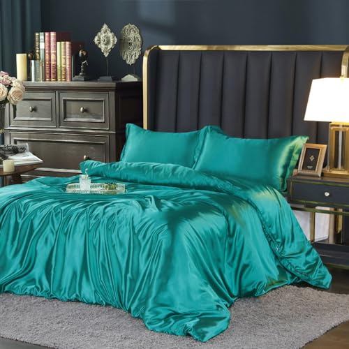 DXHOME Satin Bettwäsche 200x220 cm Grün Glänzend Satin Seide Glatt Einfarbig Grüne Bettwäsche-Sets Luxus Unifarben Microfaser Bettwäsche Bettbezug Set mit Reissverschluss und Kissenbezüge 80x80