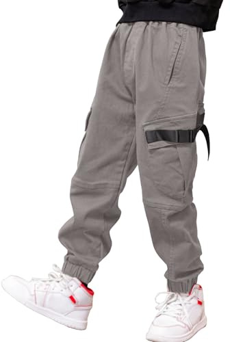 Pantalon Cargo pour Garçon,Style décontracté, Taille élastique, Enfant Jogging Uniforme Scolaire Pantalon de Sport(Gris foncé,6-7ans)