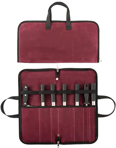 HYUXNT Messertasche, 16OZ gewachste Leinwand Messer Aufbewahrung Tasche, Messer-Rolltasche Kochmesser Rolltasche Messerkoffer mit 7 Fächern für Messer und Löffel, Kochmesser-Koffer (Weinrot)
