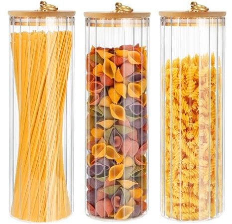 YIK TUNG Lot de 3 bocaux de conservation en verre avec couvercle en bambou - 2200 ml - Pour spaghetti, pâtes, pâtes, farine
