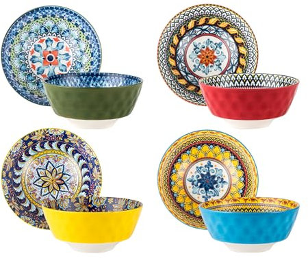 HENXFEN LEAD Ensaladera de porcelana, cuencos de sopa para 4 personas, juego de cuencos para ramen, postre, sopas, muesli, pasta, estilo bohemio